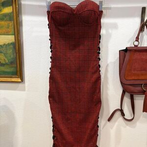 Red Plaid Corset Dress Lace Up Side Bodycon Strapless Punk Grunge Small